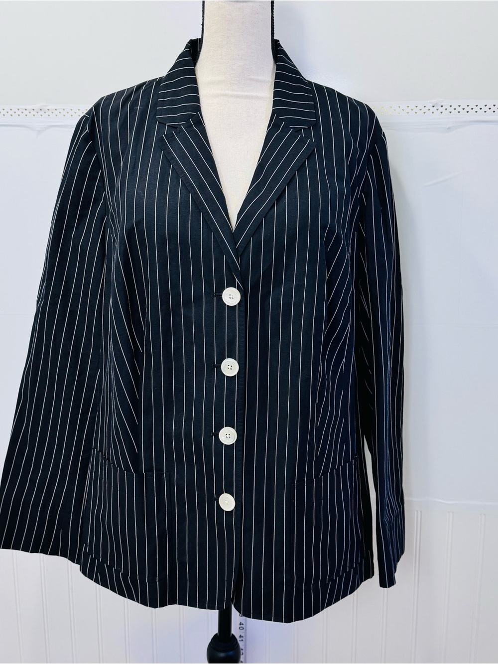 Lauren Ralph Lauren 2X Pinstripe Blazer Black Linen Luxe Career Chic